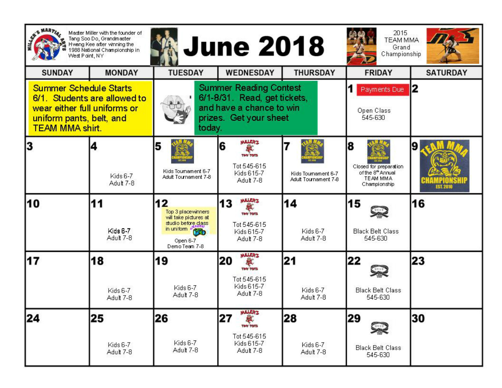 Miller's Martial Arts Richland Calendar